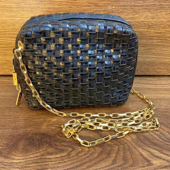 BLACK LEATHER WOVEN CROSSBODY  (GOLD CHAIN STRAP) - Picture 1 of 12